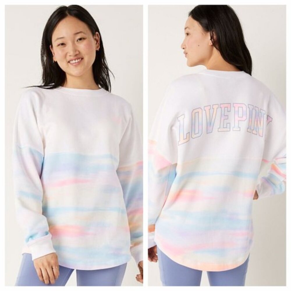 Vs Victorias Secret PINK Varsity Crew Sweater Jacket Top Optic White Rainbow S